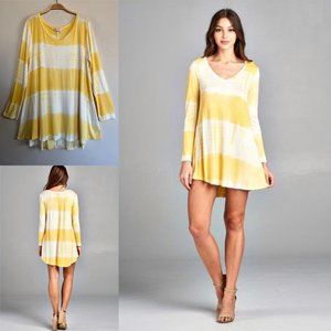 Women's XL 1X? Yellow White Tie Dye Sexy Mini Tunic Dress V-Neck High Low NEW